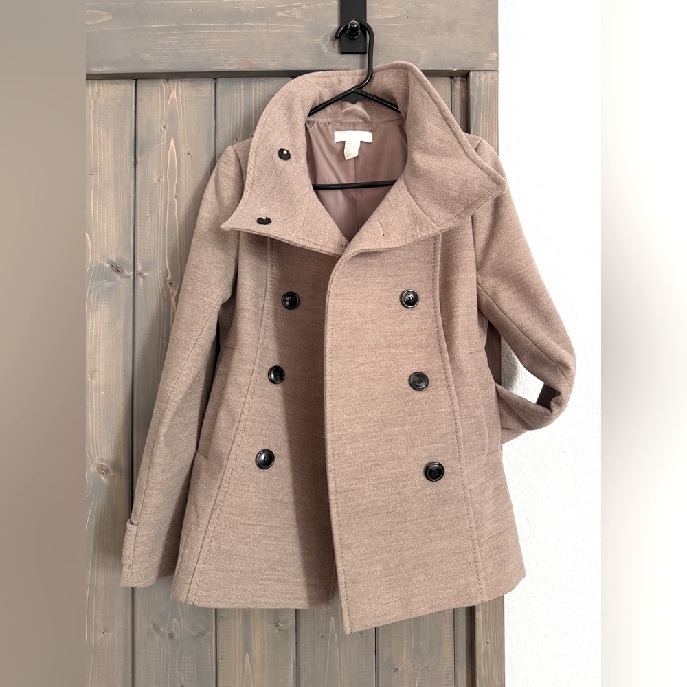 H&M Women's Double-Breasted Tan / Light Heather Brown Pea Coat Size 6 EUC